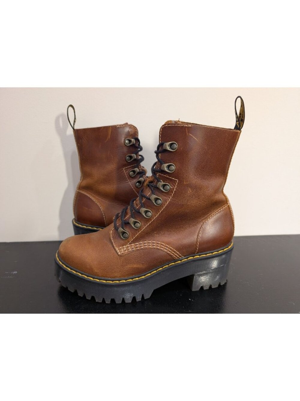 Dr. Martens Leona Butterscotch Brown Orleans Leather Heeled Boots, Women Size 7